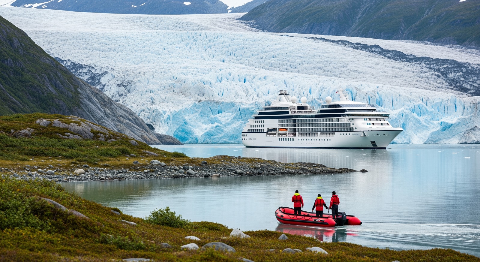 Seabourn Encore near an Alaskan glacier with a zodiac approaching the shoreline for a wildlife and glacier excursion