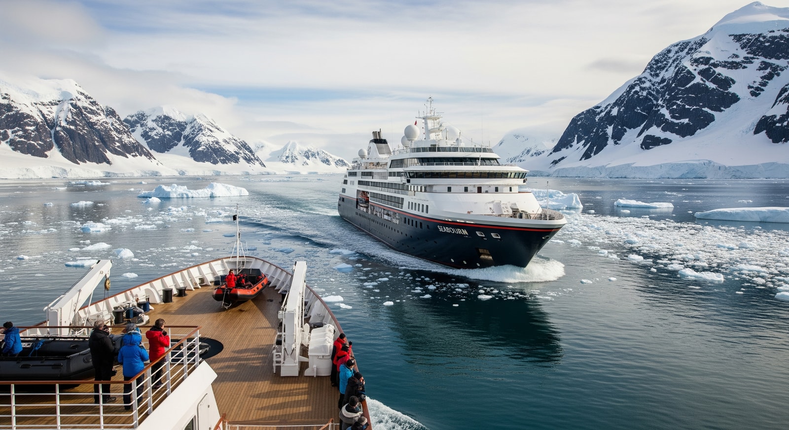 Seabourn Venture navigating icy Antarctic waters near George VI Sound with guests on deck