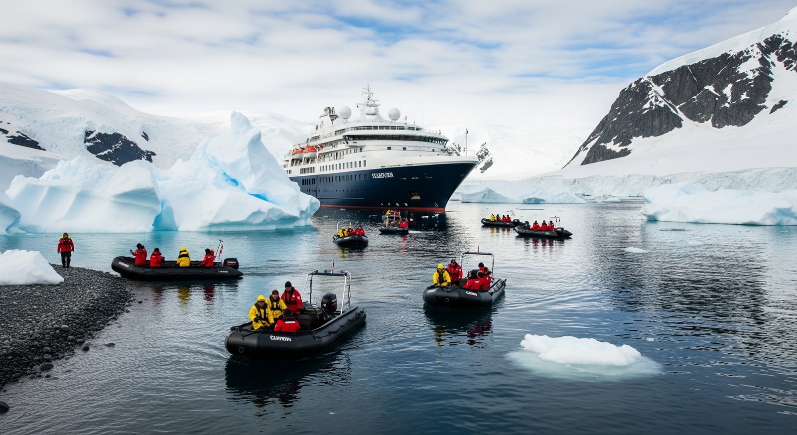 Seabourn Venture anchored near Antarctic ice with zodiacs deployed for landings; highlights Seabourn Venture Antarctic expedition
