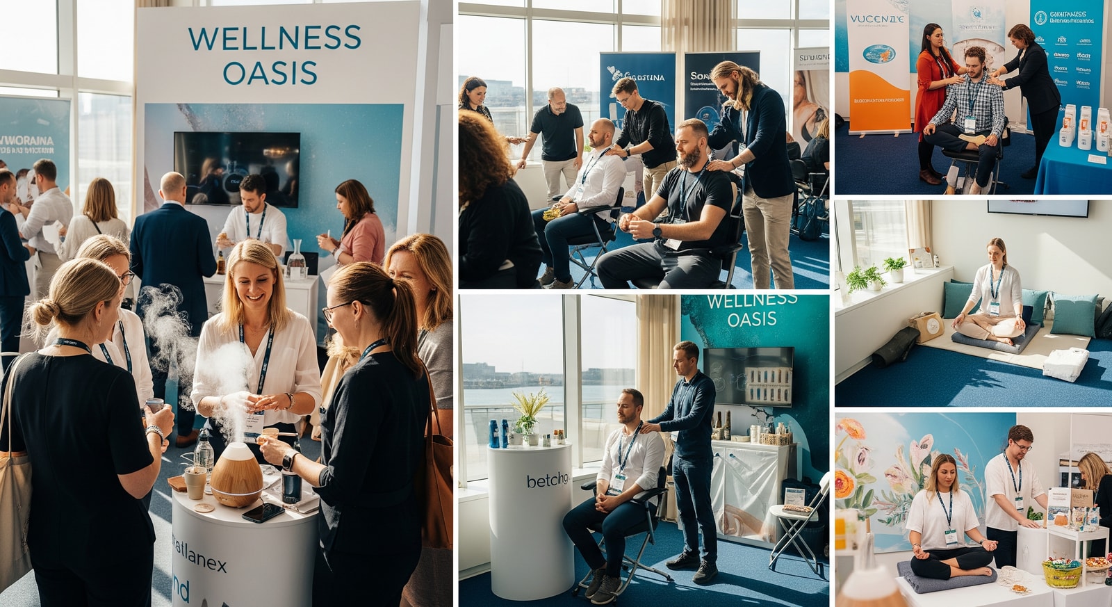 Delegates exploring wellness exhibits and demonstrations at a cruise conference Wellness Oasis