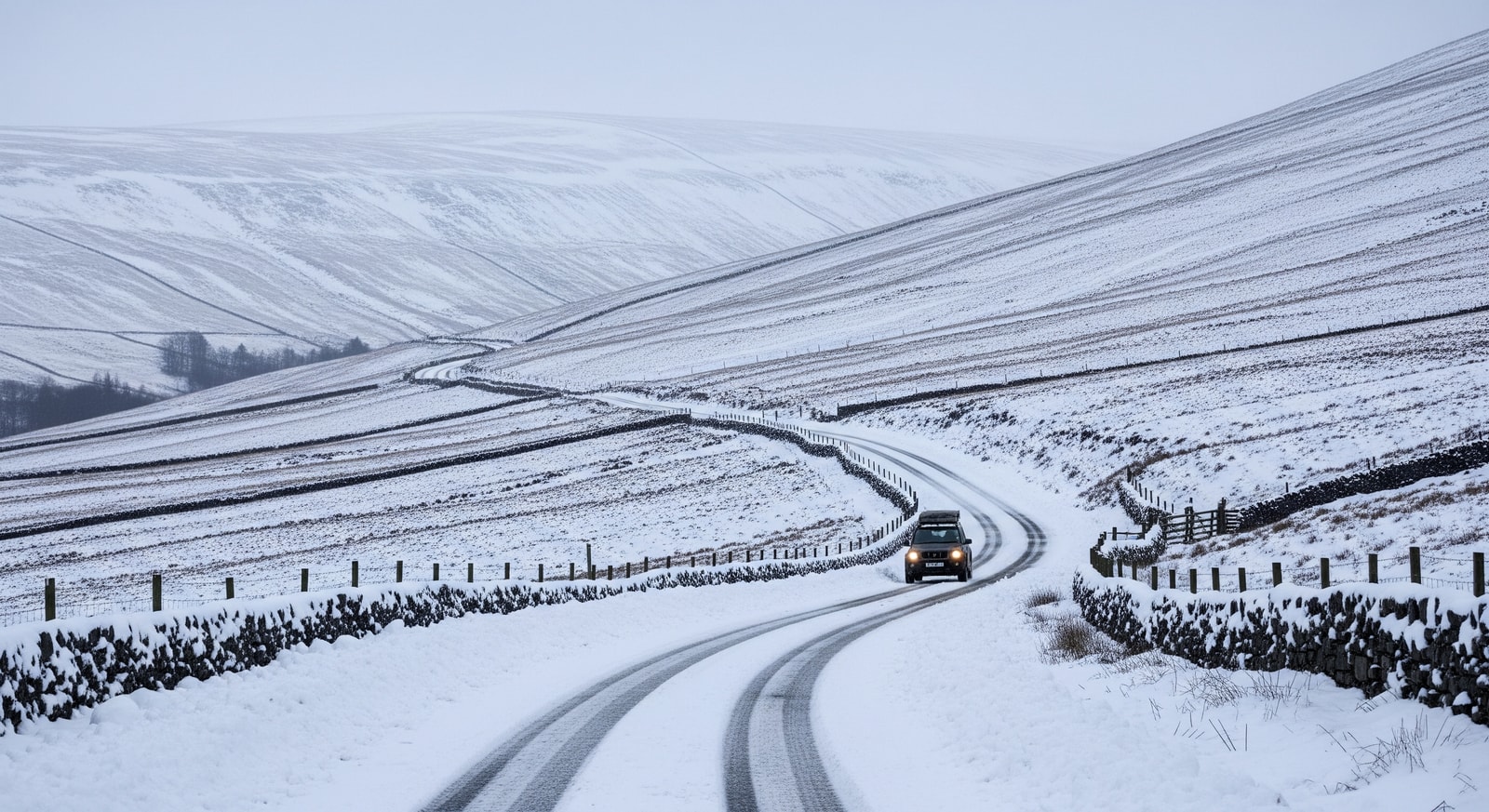 Snow-covered road in the Yorkshire Dales during heavy snowfall, travel disruption and icy conditions visible