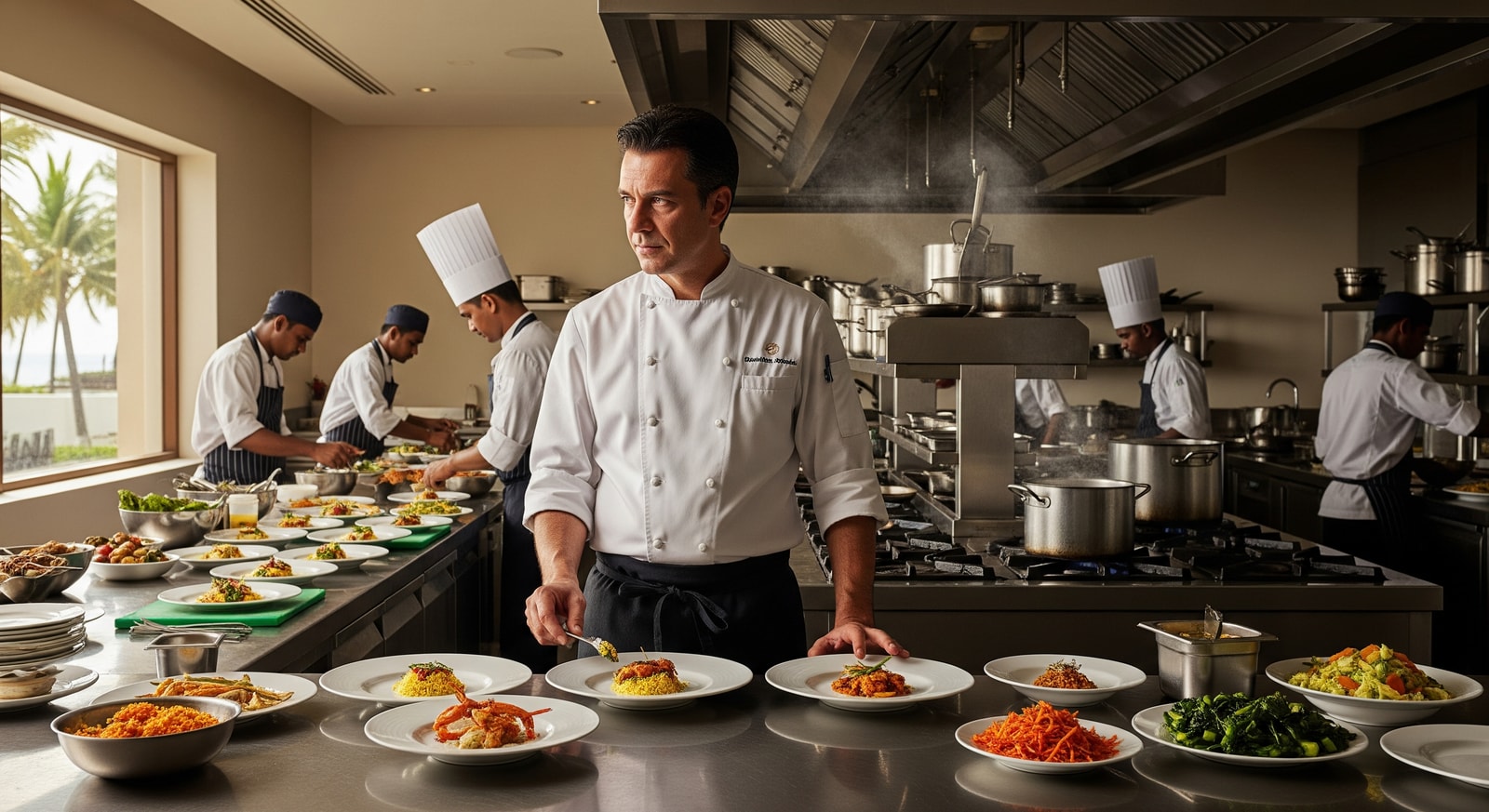 Chef working in a professional hotel kitchen, illustrating culinary leadership and menu creation at a luxury resort in Chennai