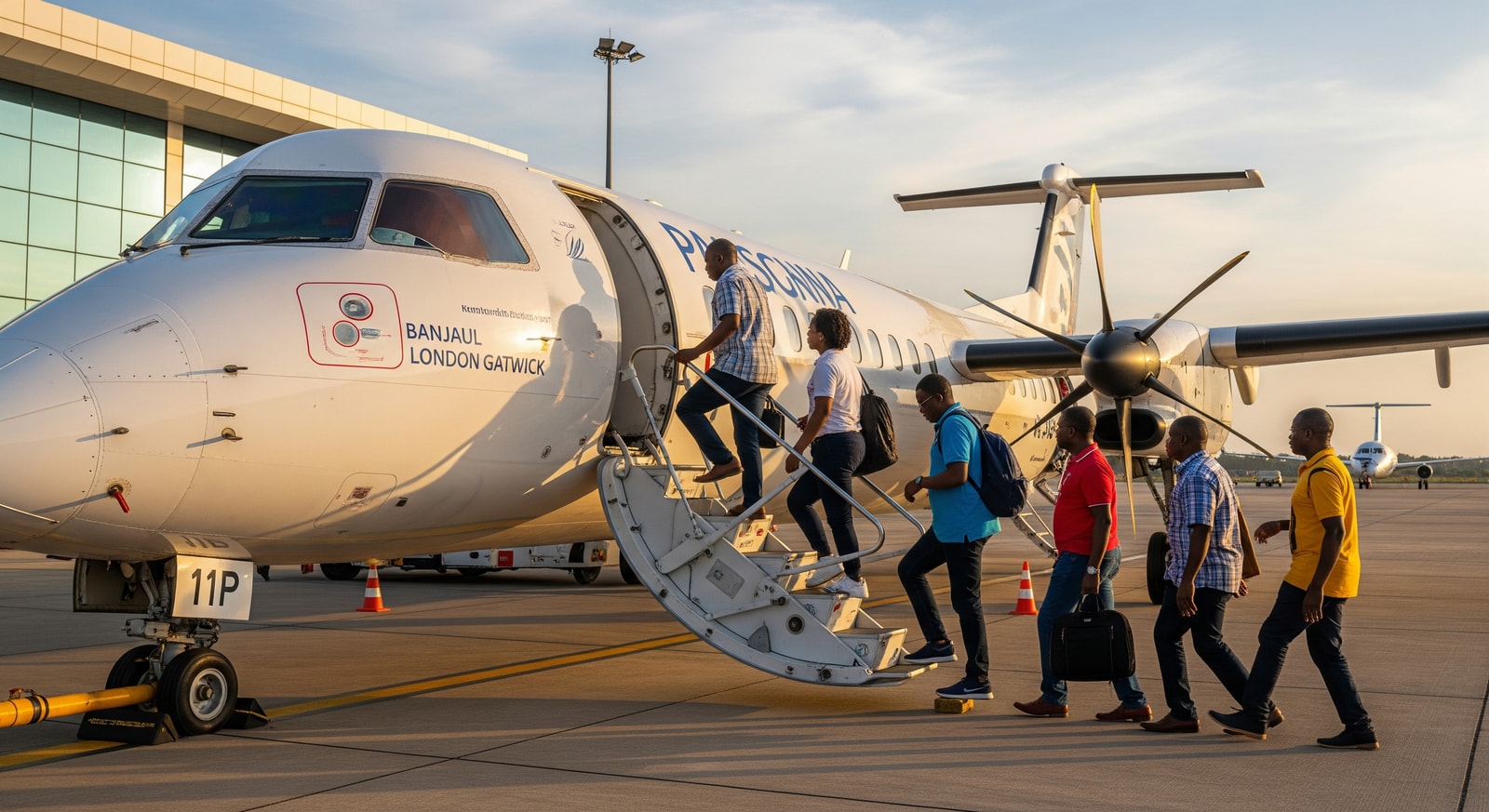 Passengers boarding a regional aircraft at Lungi International Airport, showing routes to Banjul and London Gatwick