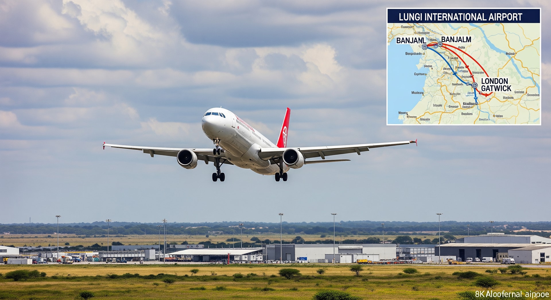 Airliner approaching Lungi International Airport with map inset showing routes to Banjul and London Gatwick