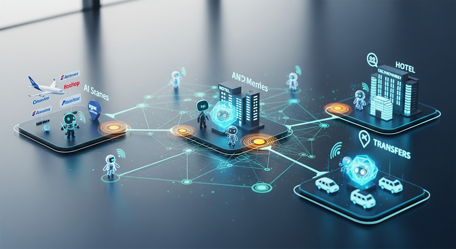 Illustration of autonomous AI agents coordinating between airlines, hotels and transfers to smooth a traveler's journey