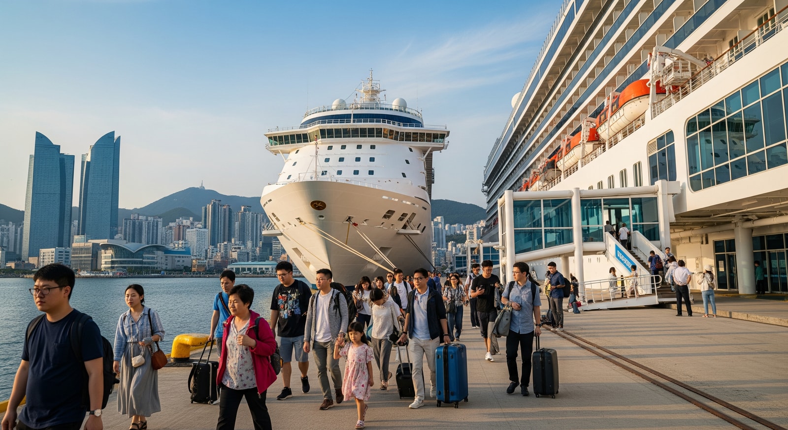 Cruise ship docked at Busan port with passengers disembarking and cityscape visible, representing South Korea cruises