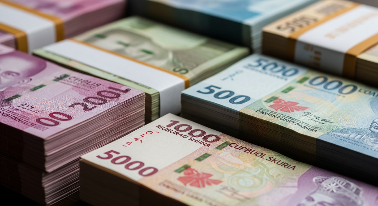 Stacks of rupiah, peso and ringgit banknotes representing Southeast Asia currency volatility