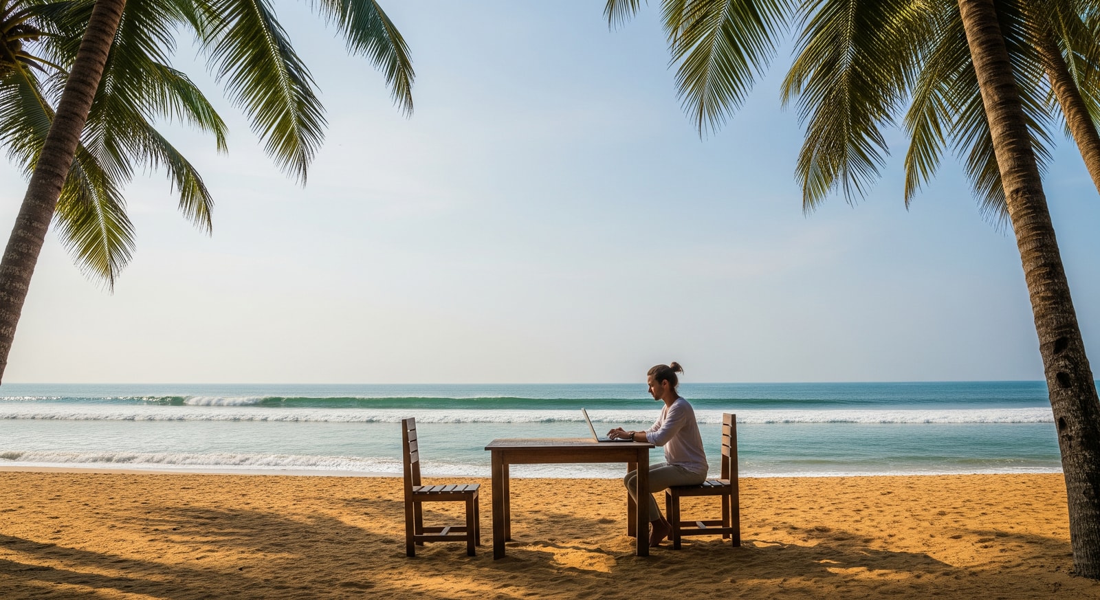 Remote worker on a laptop with a Sri Lankan beach and palm trees in the background, representing the digital nomad visa