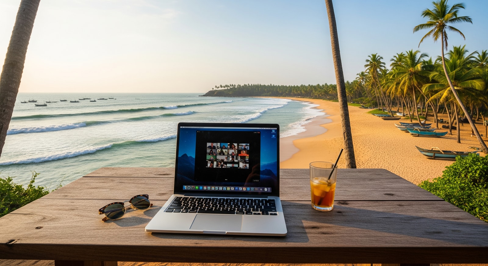 A laptop on a table with a view of Sri Lanka’s beach coastline, illustrating remote work under the Sri Lanka digital nomad visa
