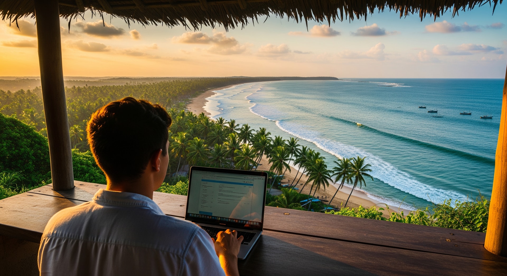 A remote worker using a laptop while overlooking Sri Lanka’s coastline