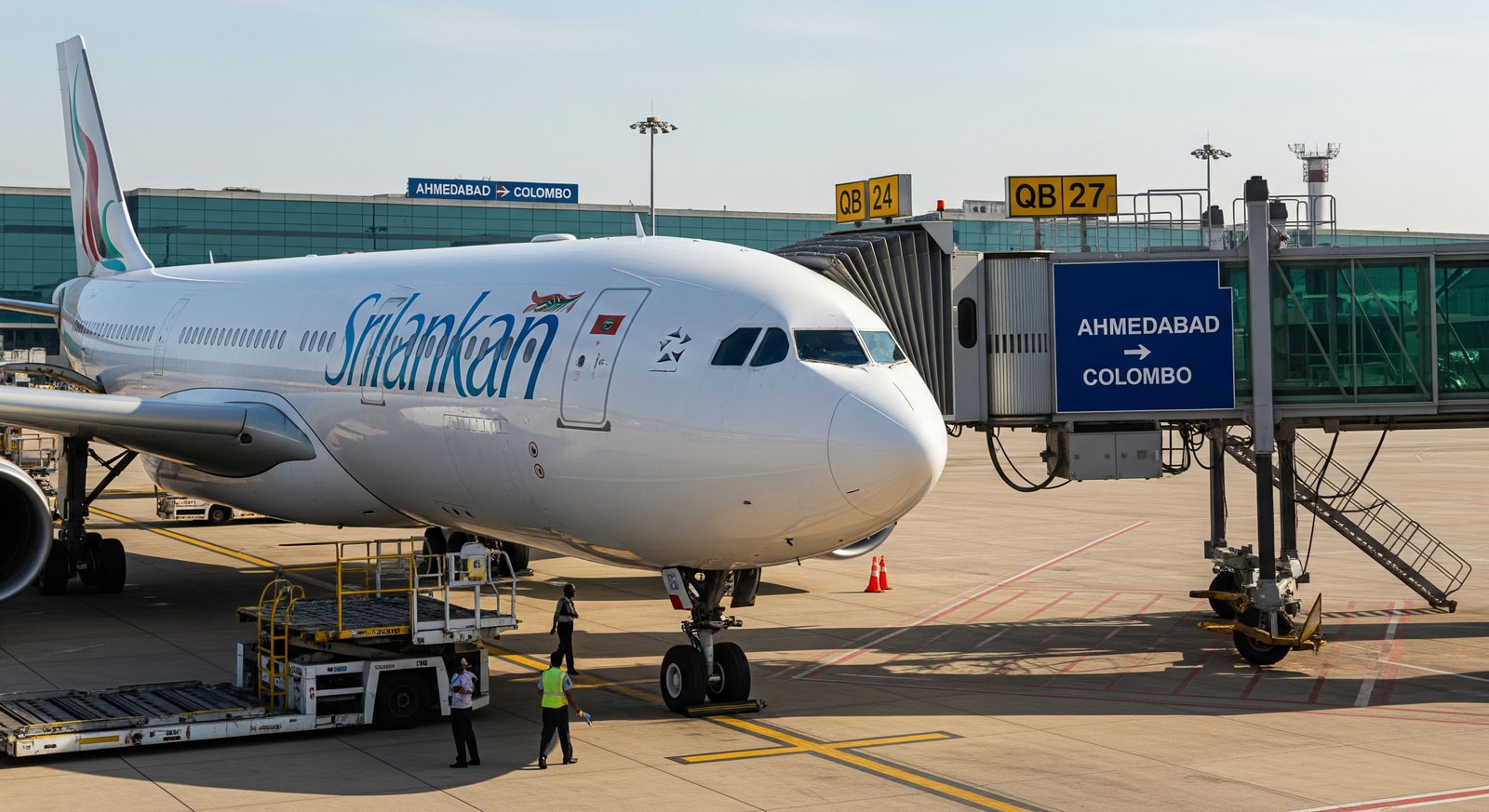 SriLankan Airlines aircraft at an airport gate, representing the new Ahmedabad–Colombo service