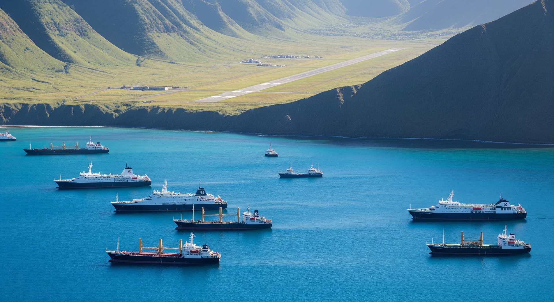 Coastal view of St Helena with ships at anchor and remote airport runway visible