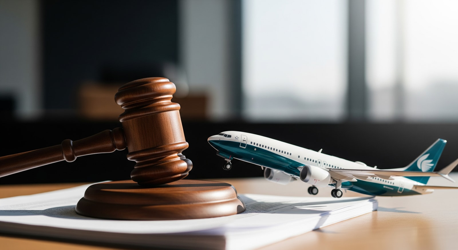 Courtroom gavel beside a Boeing 737 MAX illustrating legal battle over aircraft safety