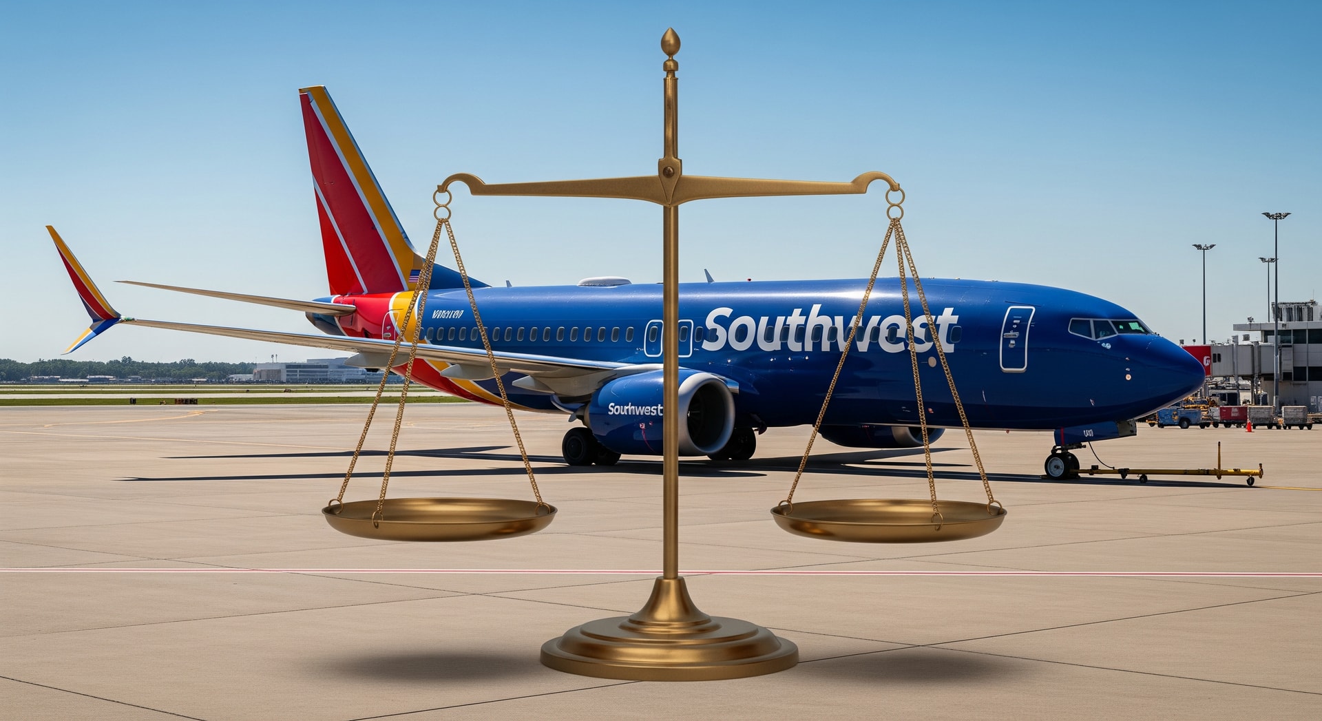 Southwest Airlines 737 MAX on tarmac with legal scales overlay indicating lawsuit