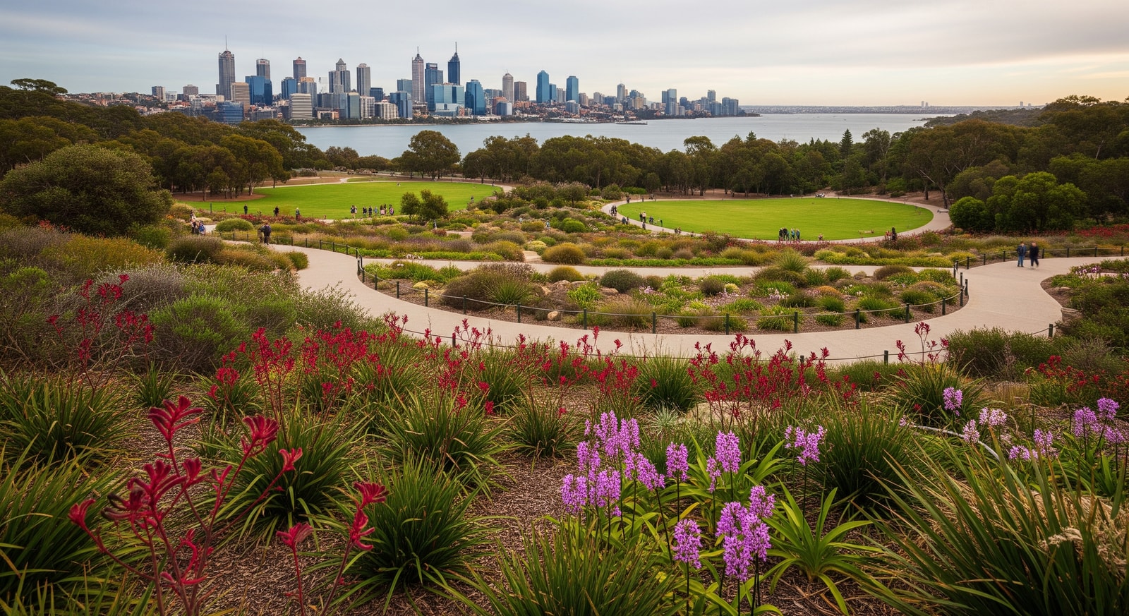 Kings Park in Perth showing native bushland, pathways and botanical displays; sustainable tourism in Australian cities
