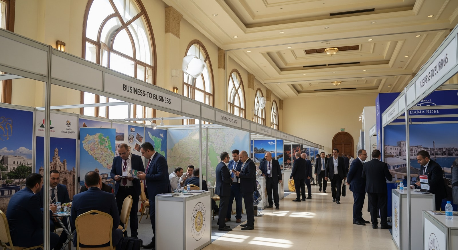 Dama Rose Hotel conference space set up for a business-to-business tourism exhibition in Damascus, Syria