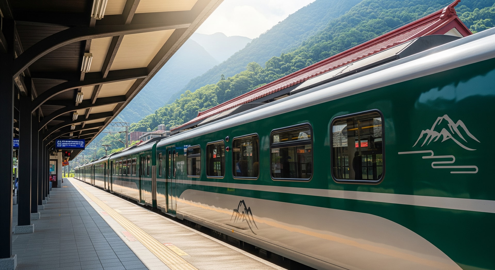 A tourism train at a station platform in Taiwan, representing the Shanlan Mountain Mist scenic rail service