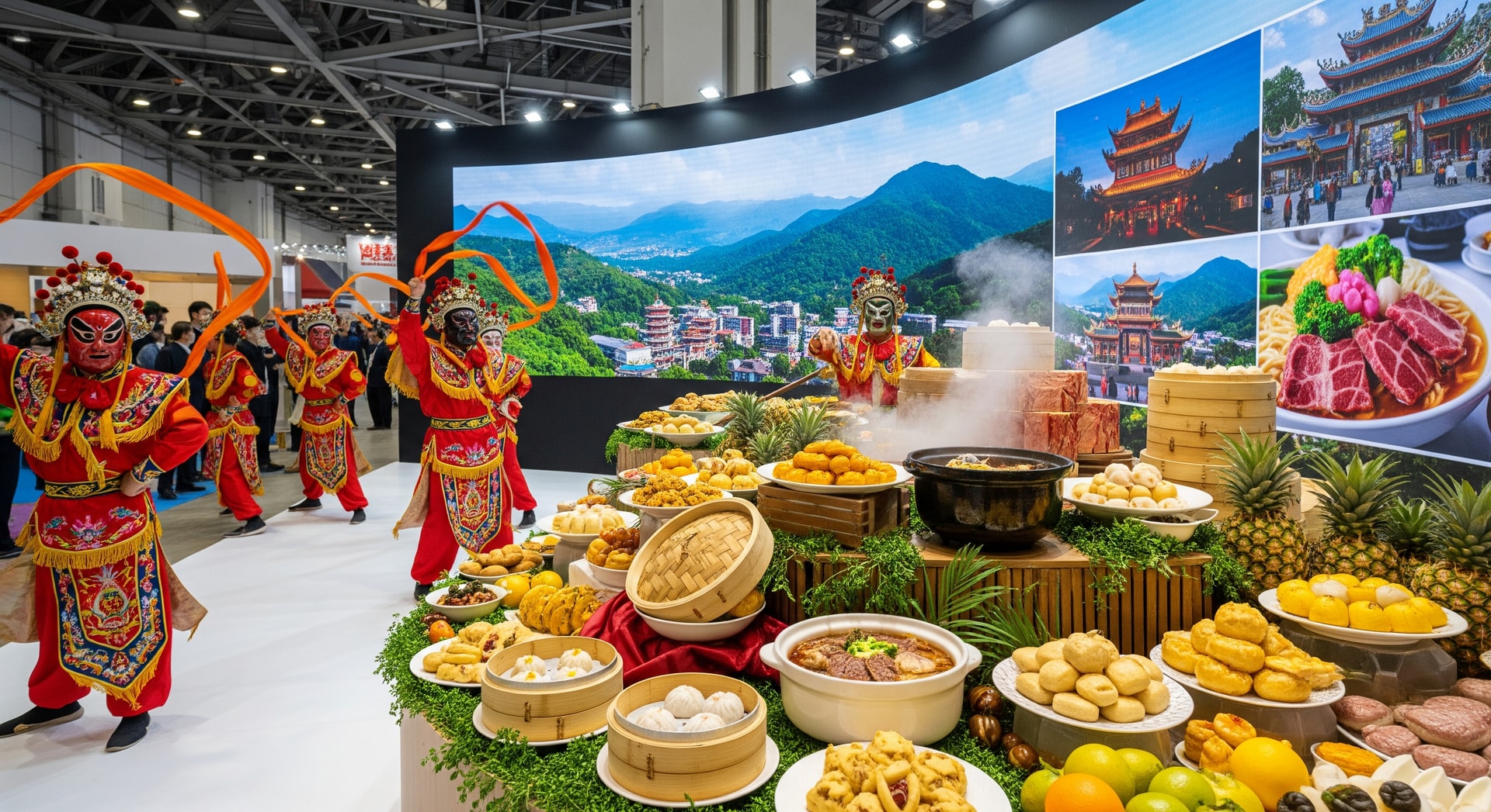 Promotional Taiwan tourism display at a trade show highlighting cultural performances and food