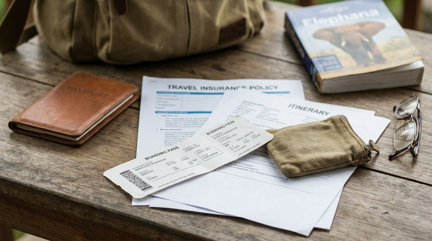 Travel insurance documents, passport and boarding pass arranged on a table before a trip to Tanzania