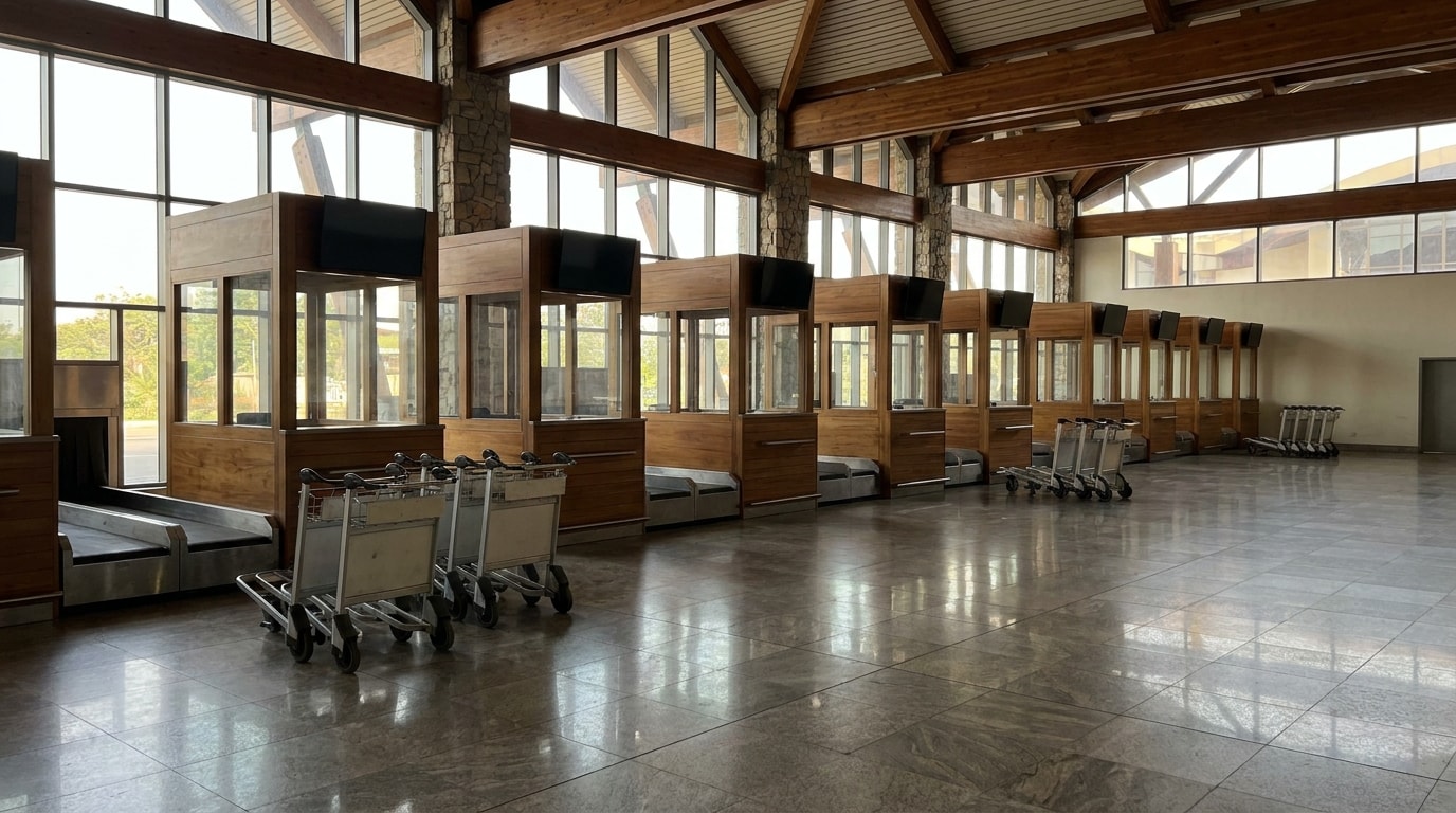 Empty airport arrivals hall in mainland Tanzania with passport control booths and luggage trolleys