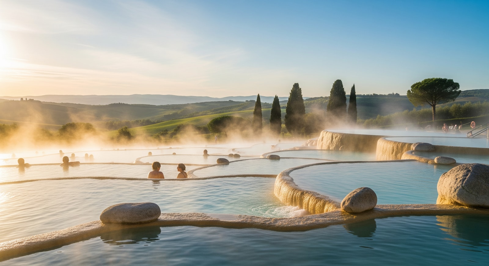 Open thermal pools at Terme di Saturnia with Tuscan countryside in the background