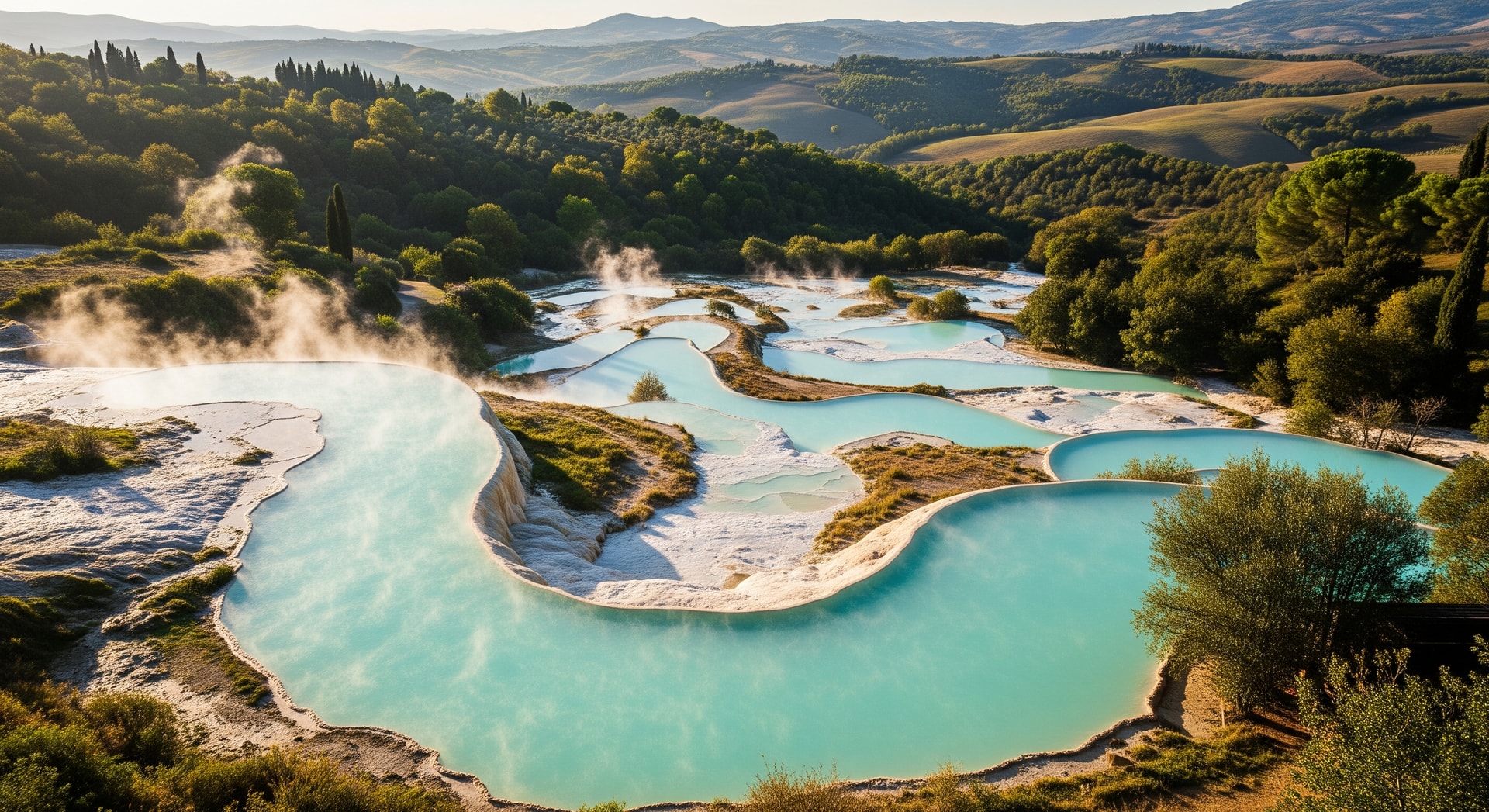 Terme di Saturnia thermal pools in Tuscany surrounded by natural landscape