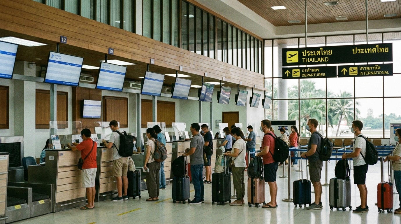 Airport check-in counters with travellers queuing beside suitcases in Thailand