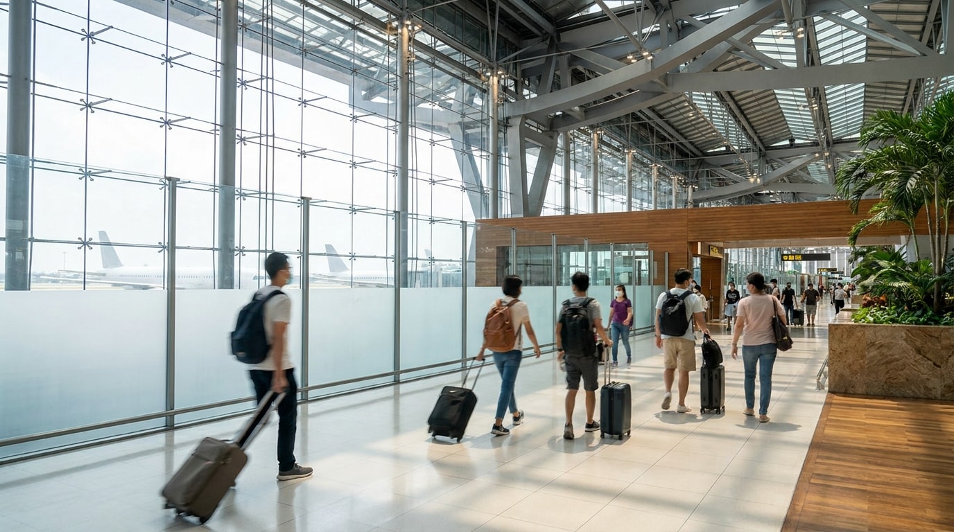 Passengers walking through a modern airport departure hall in Bangkok with luggage