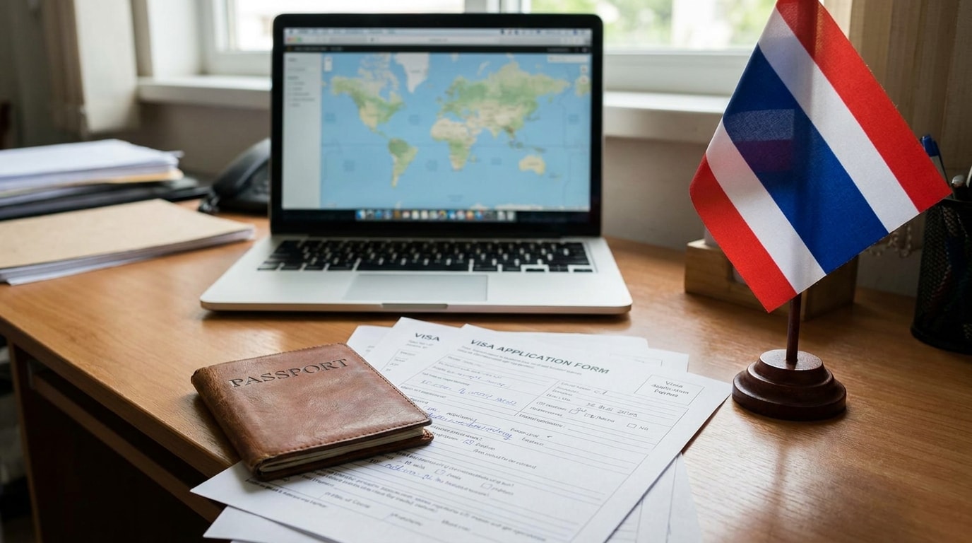A passport, visa application papers and a laptop on a desk beside a small Thai flag