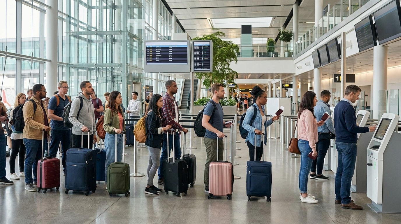 Travellers waiting with passports and luggage inside a modern international airport departure hall