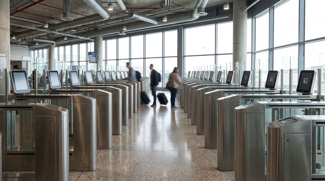 Rows of automated passport control gates in an airport arrivals area