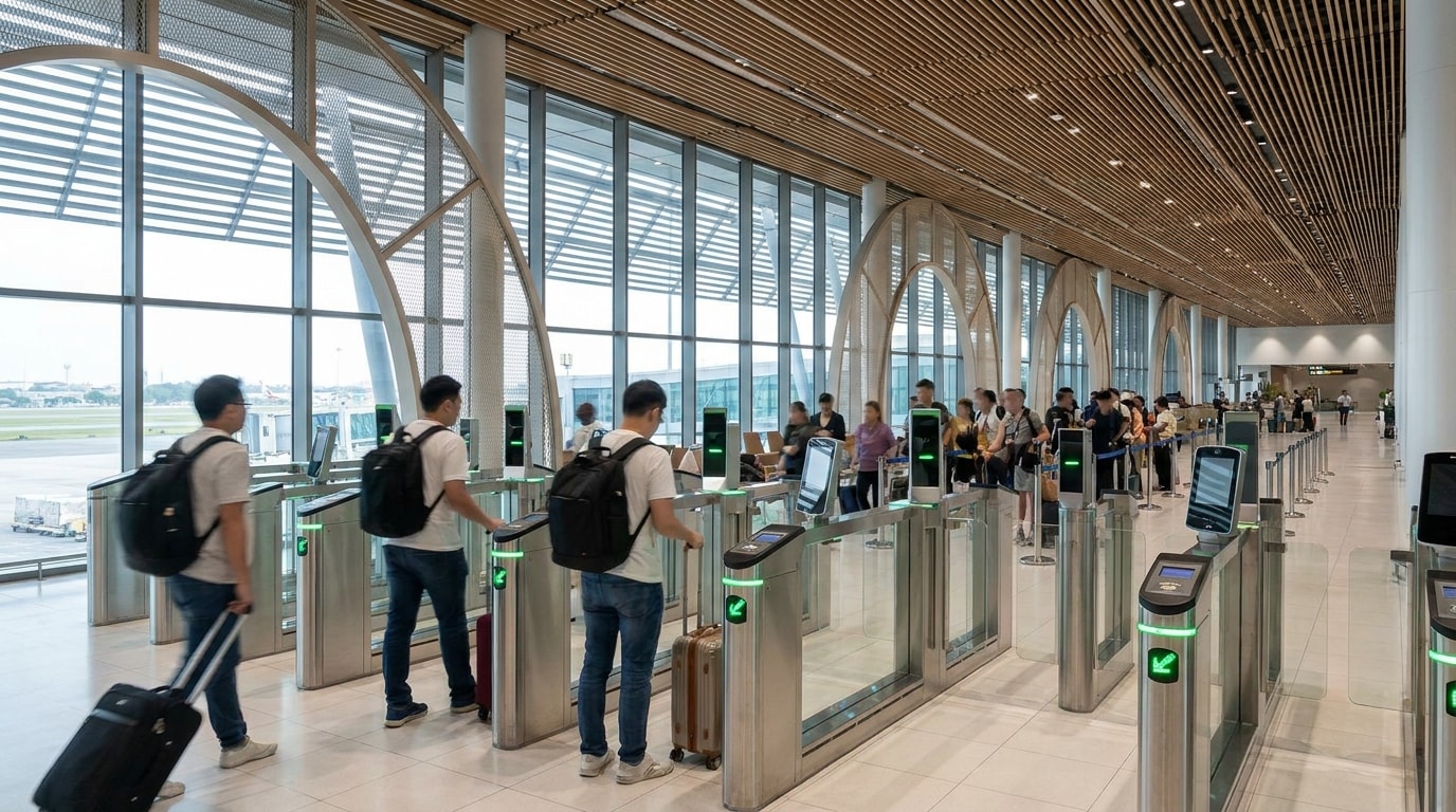 Automated immigration gates inside a modern airport arrivals hall in Bangkok