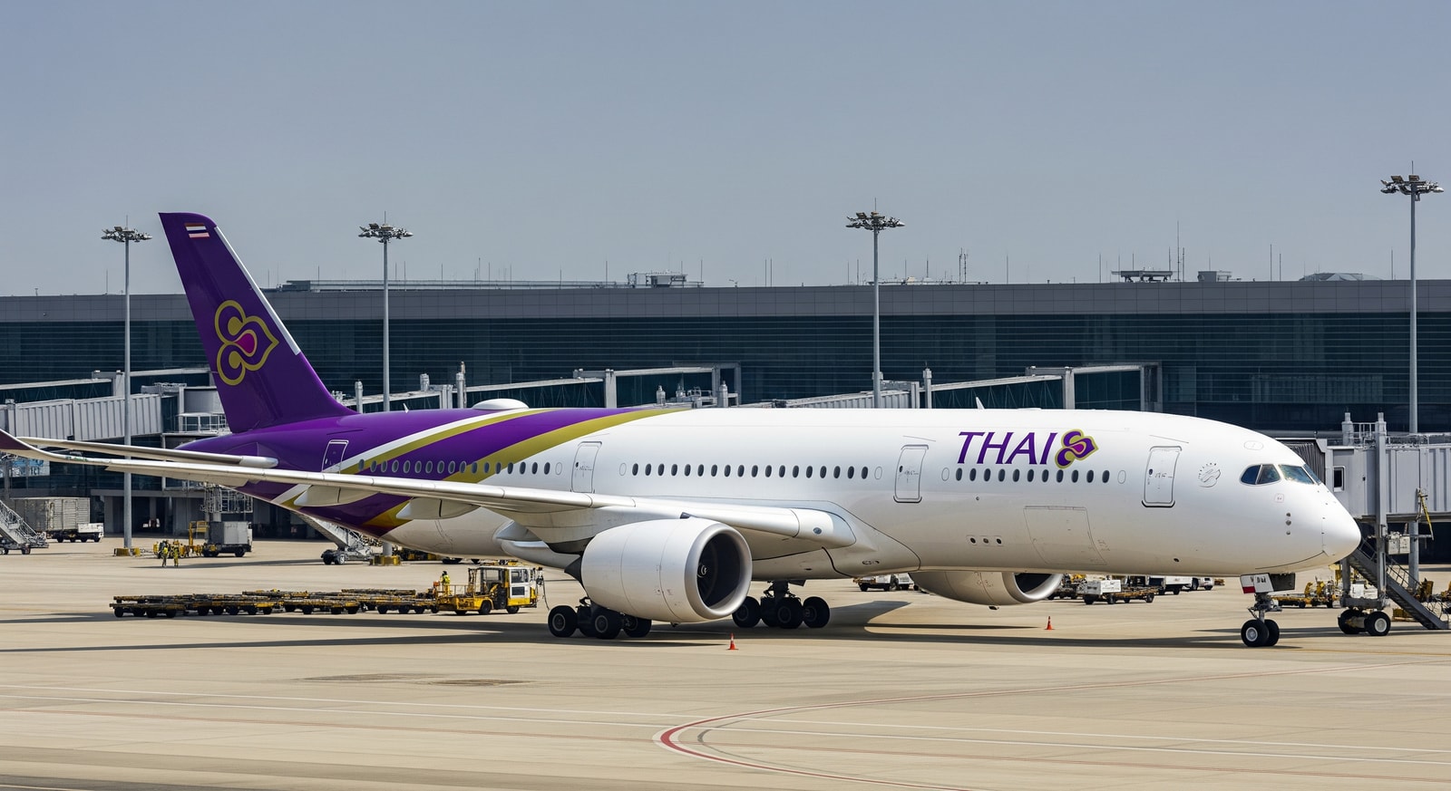 Thai Airways A350 at Bangkok airport illustrating expanded long-haul services including Amsterdam and Auckland