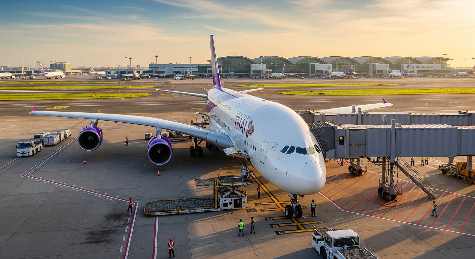 Thai Airways aircraft at Bangkok Suvarnabhumi Airport preparing for international departures