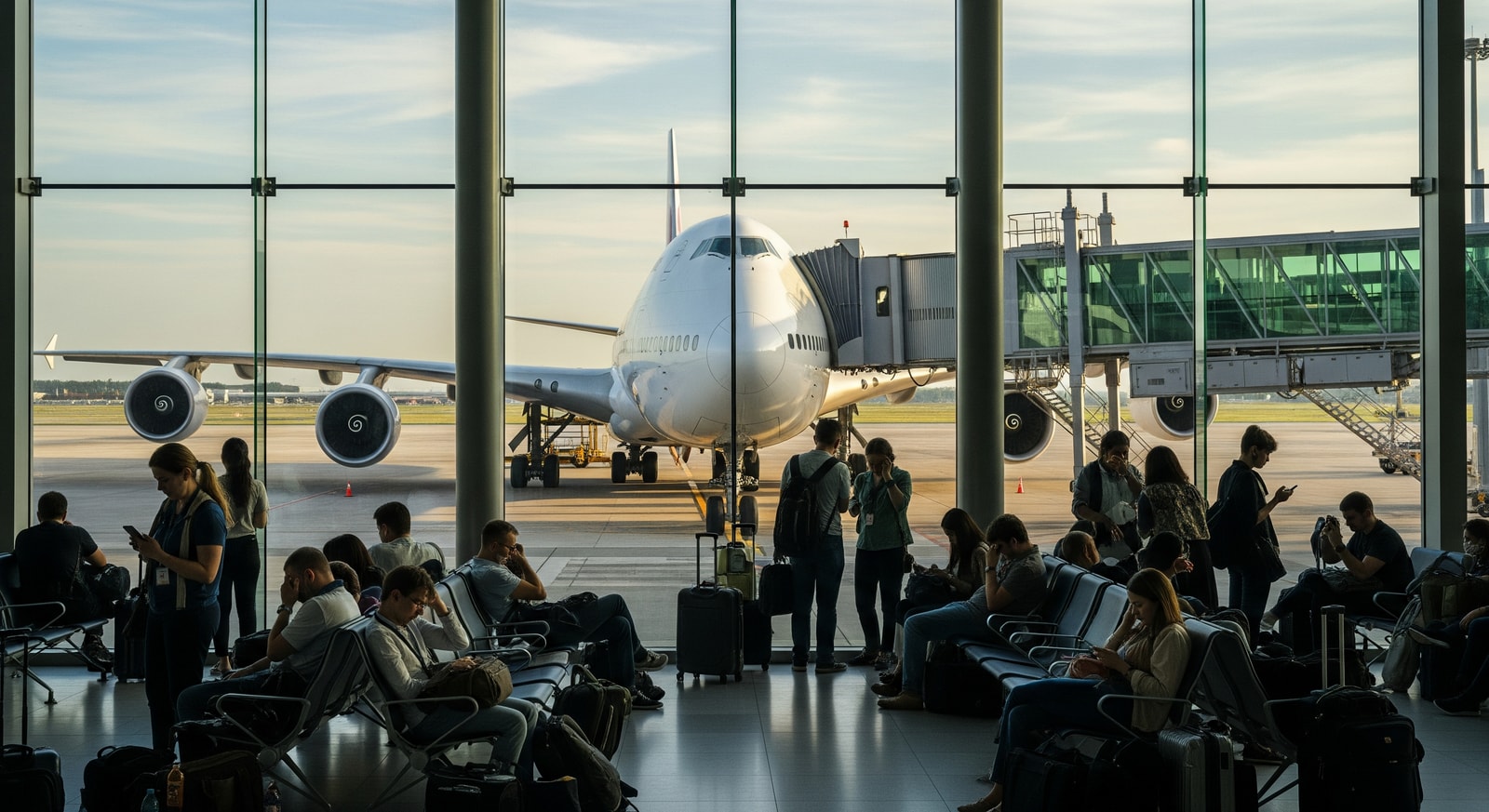 Widebody aircraft at Suvarnabhumi Airport gate with passengers affected by flight cancellations