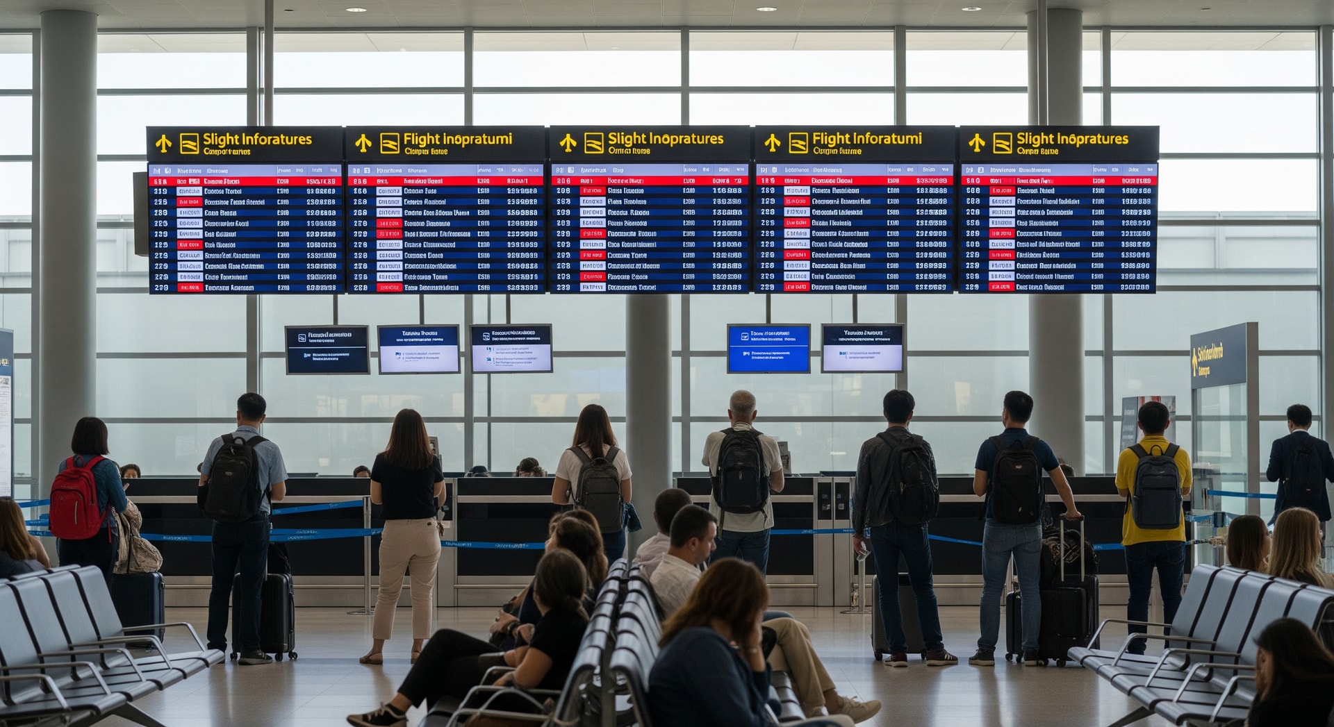 Passengers at Suvarnabhumi Airport amid flight information displays showing cancelled departures