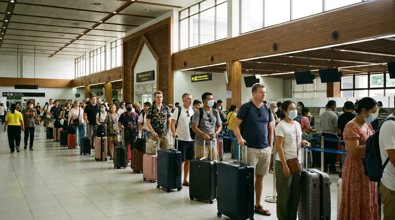 Travellers queueing with suitcases at an airport check-in area in Thailand