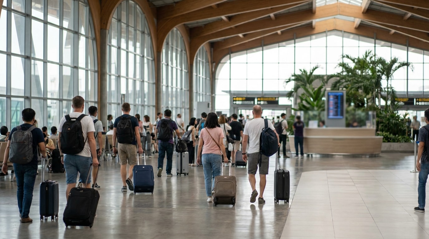 Passengers walking with luggage through a modern airport departure hall in Thailand