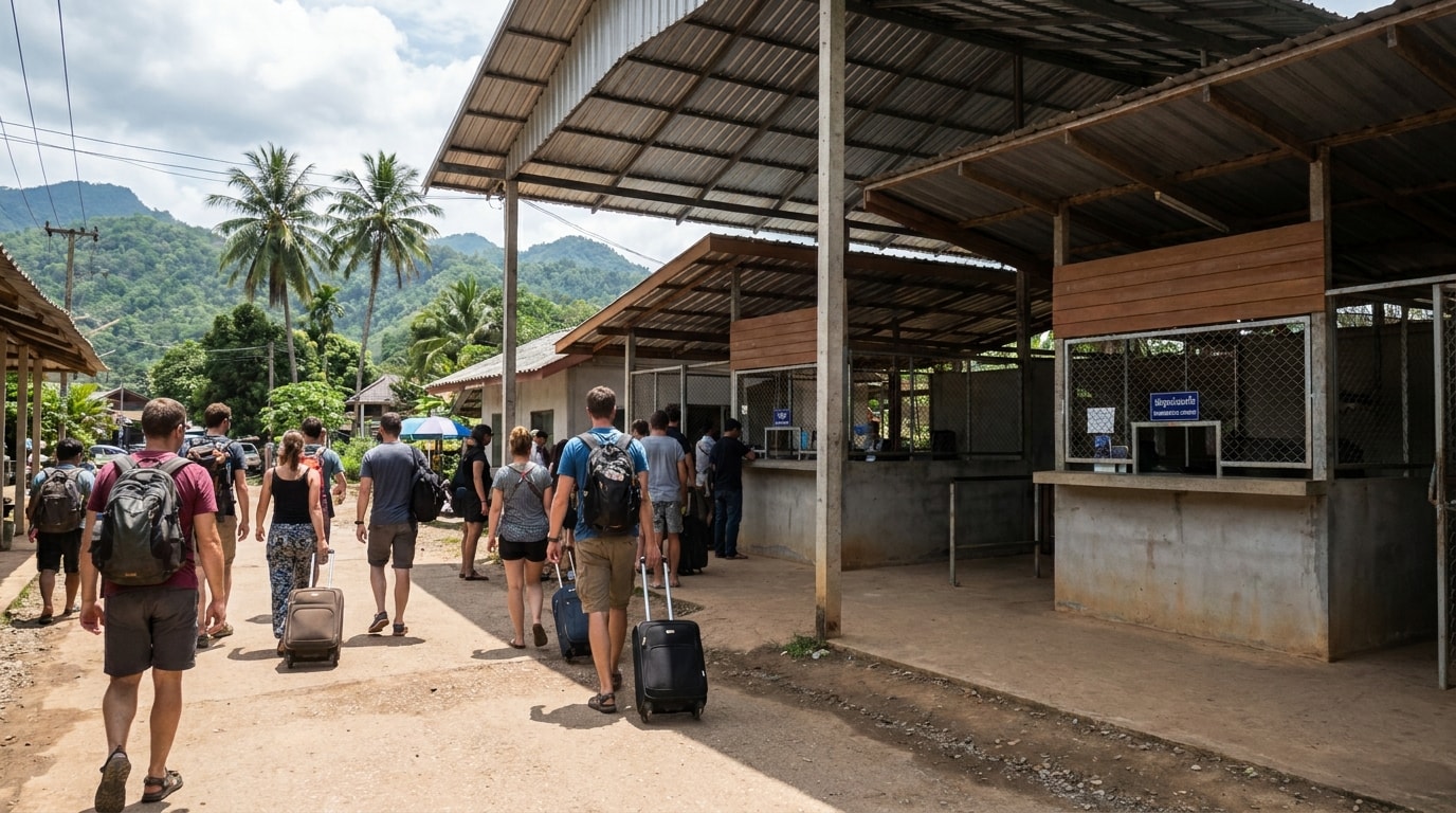 Travellers walking toward immigration counters at a Thailand land border checkpoint