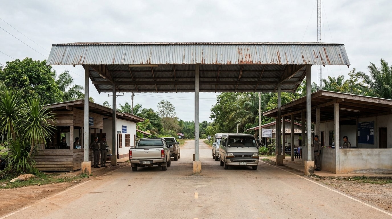 A quiet Thailand land border checkpoint with immigration booths and vehicles waiting under a covered lane