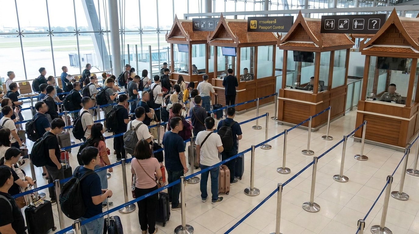 Airport immigration counters with queue lanes and passport control booths in Thailand