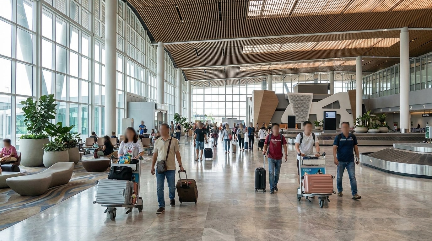 Travellers with luggage walking through the arrivals hall at a modern airport in Thailand