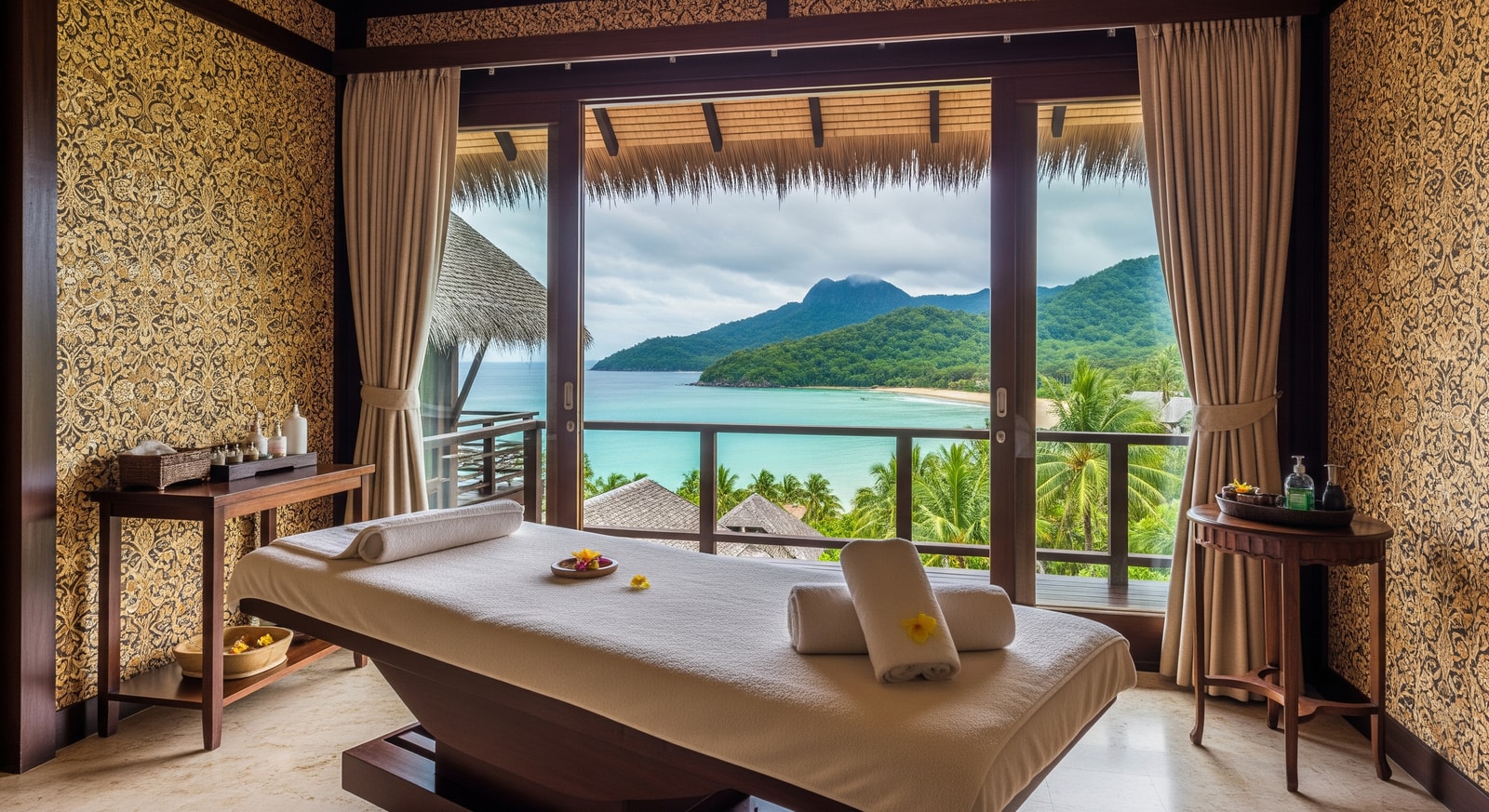 Spa treatment room overlooking tropical beach and mountain retreat in Thailand wellness destinations