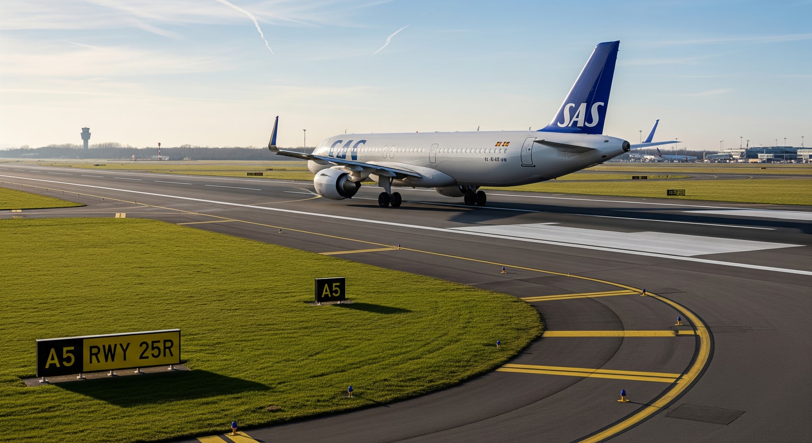 SAS Airbus A320neo at Brussels Airport taxiway near runway showing taxiway signage and grassy area
