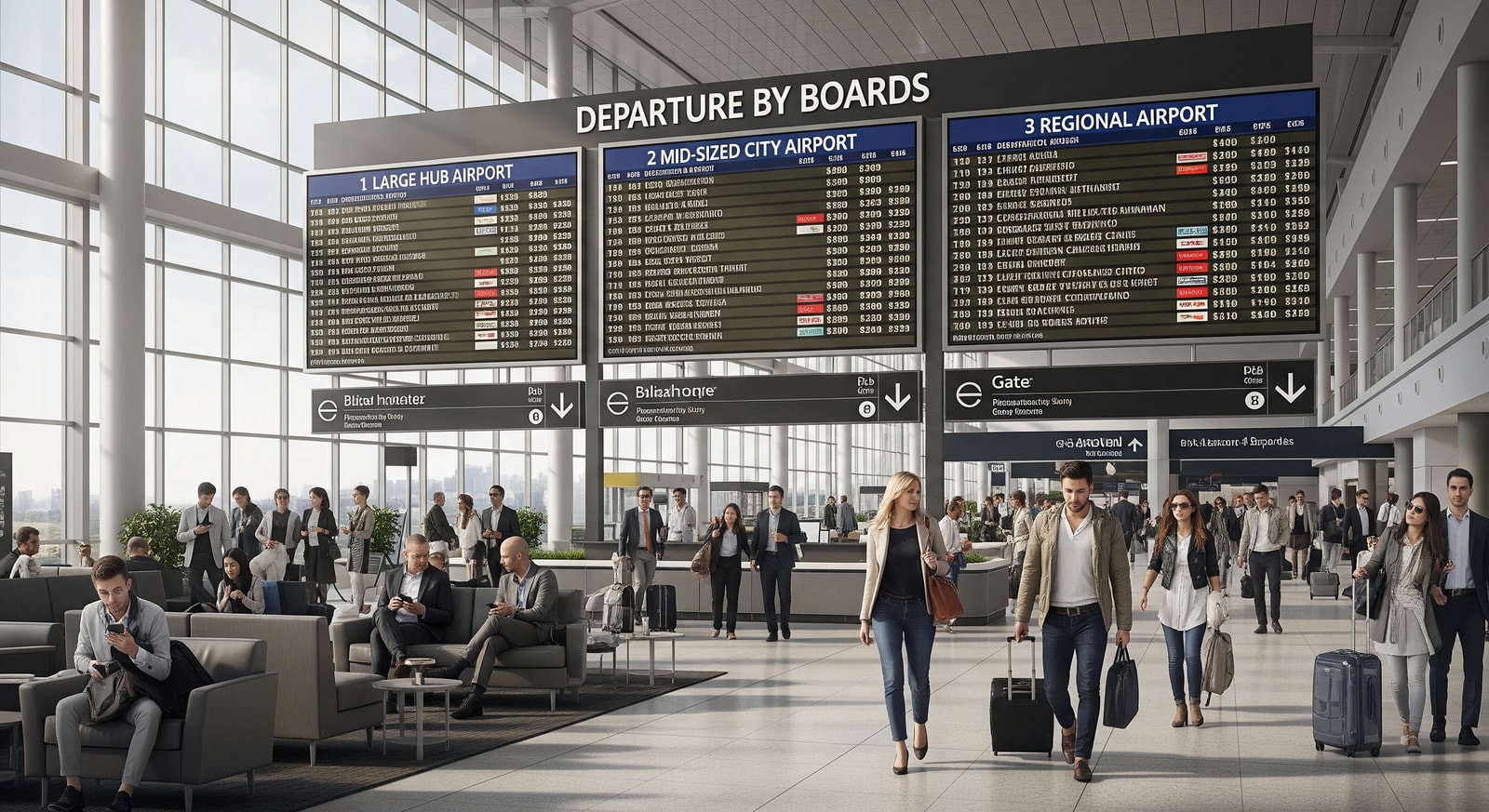 Airport terminal with passengers and departure boards illustrating differences in flight prices by airport