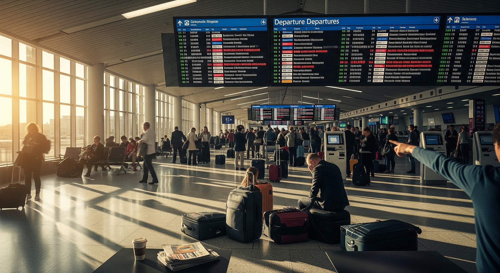 Busy airport terminal with delayed departure boards showing multiple flights