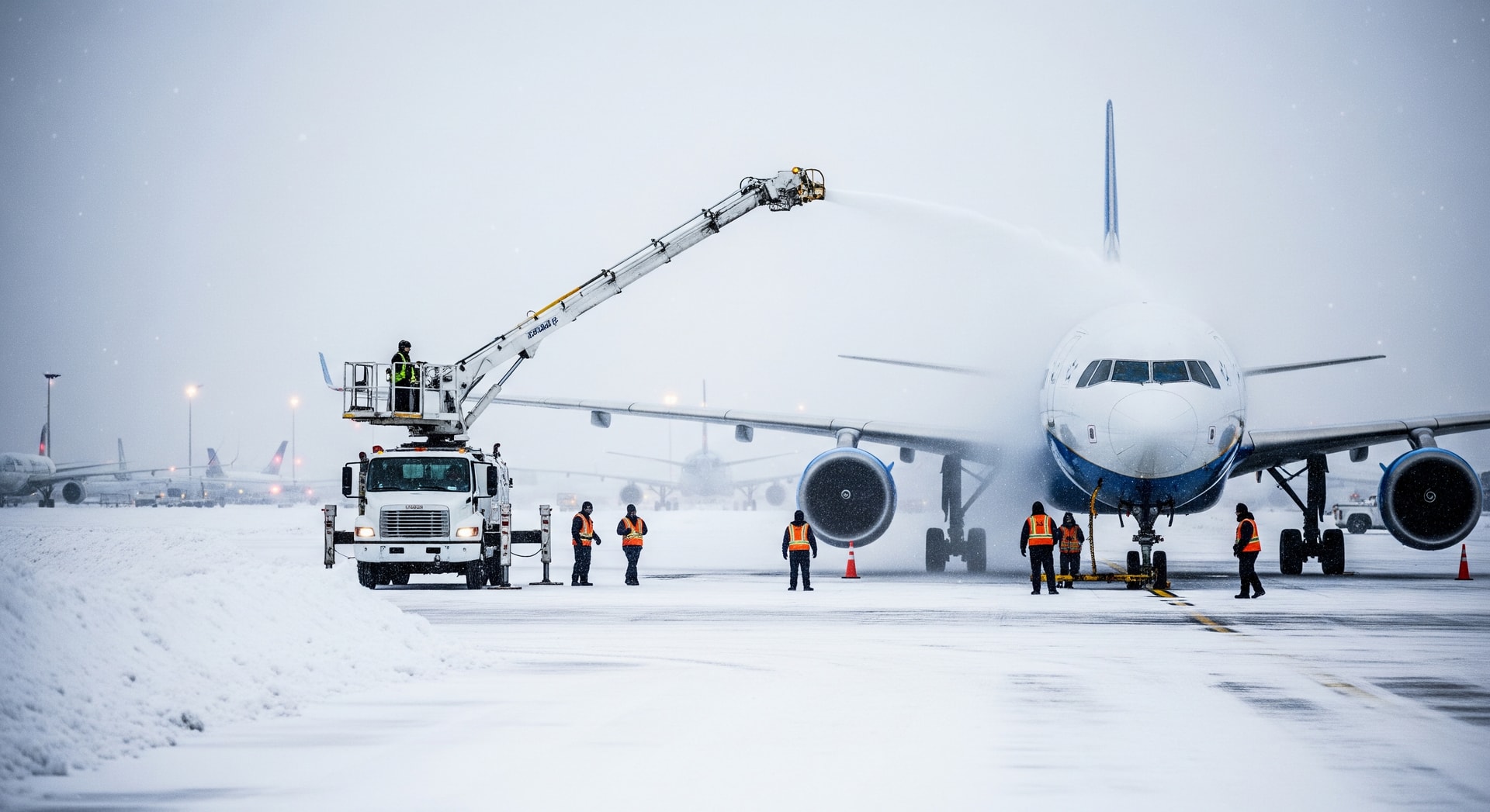 Aircraft at Toronto Pearson Airport on a snowy winter day with ground crew and de-icing trucks