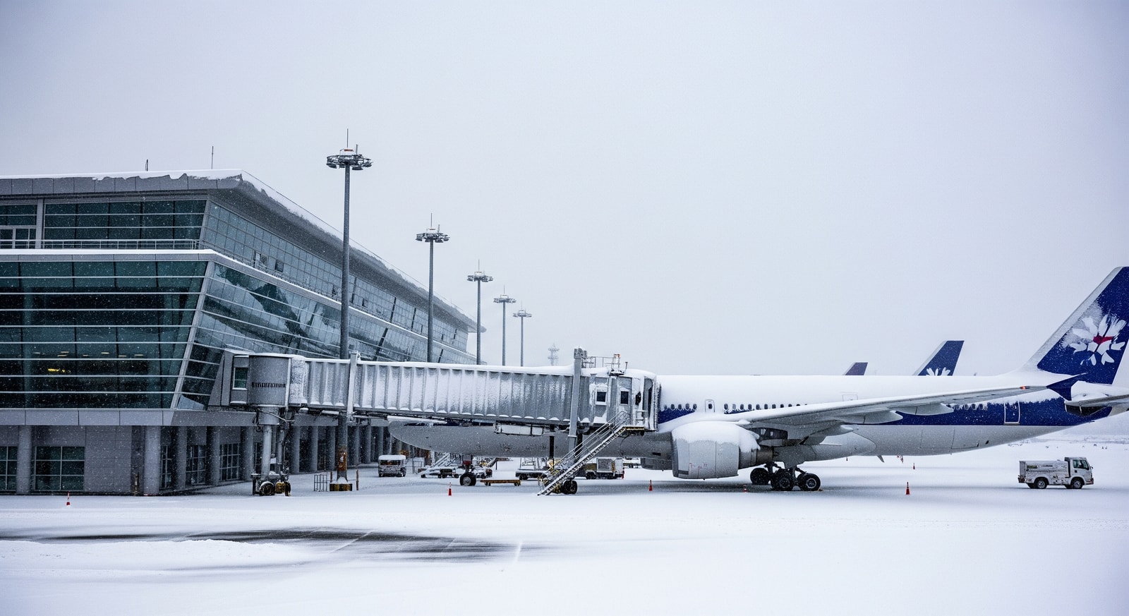Snow-covered terminal and aircraft at Jeju International Airport during a snowstorm