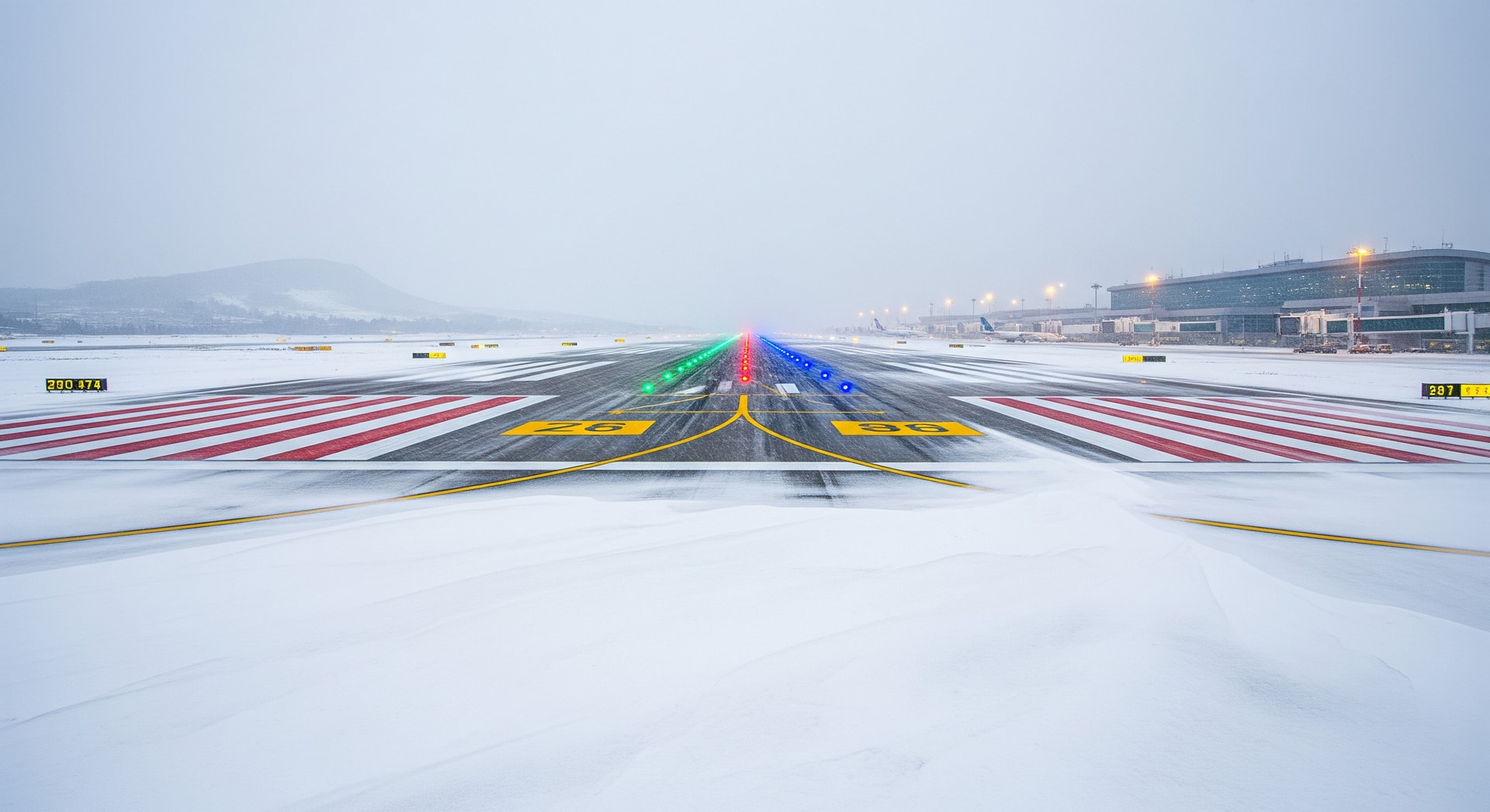 Snow-covered runway at Jeju International Airport during a major snowstorm