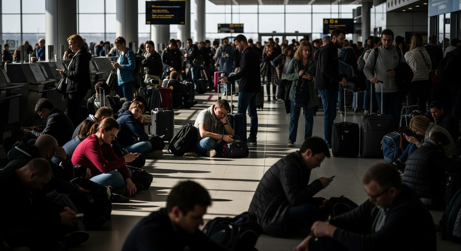 Passengers waiting at a crowded airport departure hall amid flight disruptions in Europe